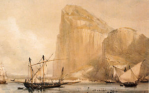The Rock of Gibraltar's North Front cliff face from Bayside (c.1810) showing the embrasures in the Rock.