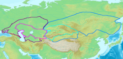 Map of the Western (purple) and Eastern (blue) Göktürk khaganates at their height, c. 600 CE. Lighter areas show direct rule; darker areas show spheres of influence.