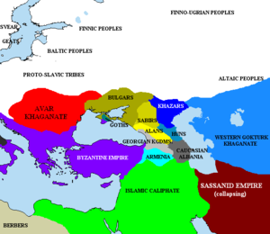 The Pontic steppe, c. 650, showing the early territory of the Khazars and their neighbors.
