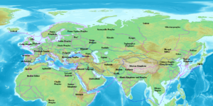 Map of Eurasia showing the trade network of the Radhanites, c. 870 CE, as reported in the account of ibn Khordadbeh in the Book of Roads and Kingdoms.