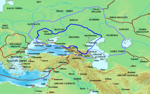 Map of the Khazar Khaganate and surrounding states, c. 820 CE. Area of direct Khazar control shown in dark blue, sphere of influence in purple. Other boundaries shown in dark red.