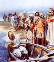 Svyatoslav (seated in the boat), the destroyer of the Khazar Khaganate. From Klavdiy Lebedev (1852–1916), Svyatoslav's meeting with Emperor John, as described by Leo the Deacon.