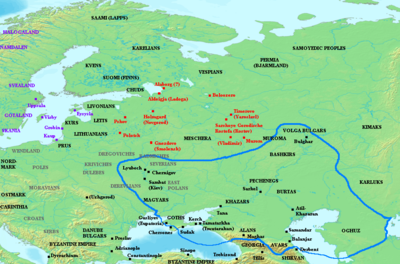 Map showing Varangian or Rus' settlement (in red) and location of Slavic tribes (in grey), during the mid-9th century. Khazar influence indicated with blue outline.