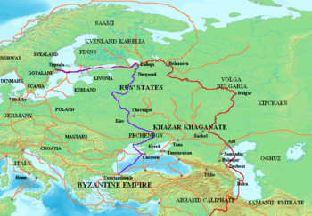 Map showing the major Varangian trade routes: the Volga trade route (in red) and the Trade Route from the Varangians to the Greeks (in purple). Other trade routes of the 8th-11th centuries shown in orange.