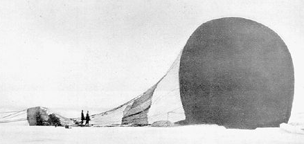 S. A. Andrée and Knut Frænkel with the crashed balloon on the pack ice, photographed by the third expedition member, Nils Strindberg. The exposed film for this photograph and others from the failed 1897 expedition was recovered in 1930.