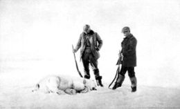 Frænkel (left) and Strindberg with the first polar bear shot by the explorers.