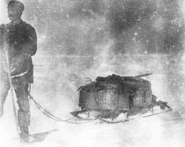 Strindberg on snowshoes with heavily-laden, impractical sled.