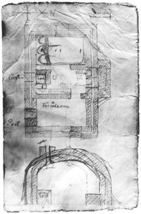 Strindberg's plan for their winter home on the ice floe, used only for a few days before the ice broke up under it. It contained, shown from top to bottom, a bedroom with their triple sleeping bag, a room with a table, and a storeroom.