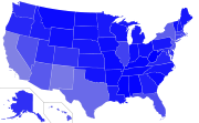 English language prevalence in the United States. Darker shades of blue indicate higher concentrations of native English speakers in the corresponding states.