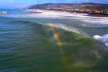 Rainbows  may also form in the spray created by waves (called spray bows).
