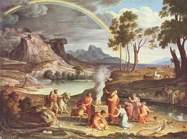 Noah's Thanksoffering (c.1803) by Joseph Anton Koch. Noah builds an altar to the Lord after being delivered from the Flood; God sends the rainbow as a sign of his covenant (Genesis 8-9).
