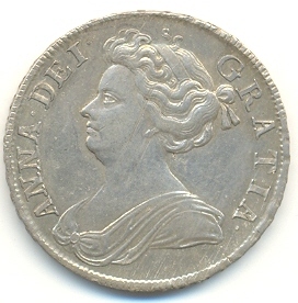 Half-crown coin of Anne, 1708. The inscription reads ANNA DEI GRATIA (Anne by the Grace of God)