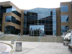 Front entrance to building 17 on the main campus of the company's Redmond campus.