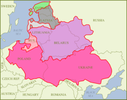 Outline of the Polish–Lithuanian Commonwealth with its major subdivisions after the 1618 Peace of Deulino, superimposed on present-day national borders.       The Crown      Duchy of Prussia, Polish fief      Grand Duchy of Lithuania      Duchy of Courland, Lithuanian fief      Duchy of Livonia      Swedish and Danish Livonia