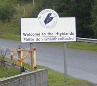 A Highland Council sign on the boundary of the Highland council area implying, controversially[citation needed], that the boundary is also that of the Scottish Highlands