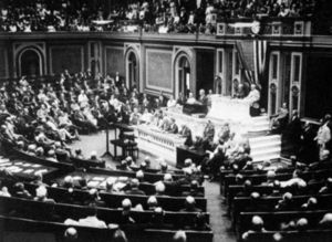 President Wilson before Congress, announcing the break in official relations with Germany. February 3, 1917.