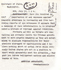 A telegram written by Morgenthau to the State Department in 1915 described the massacres of Armenians in the Ottoman Empire as a "campaign of race extermination".