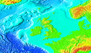 An image showing the British Isles sitting on the north-west of the European continental shelf.