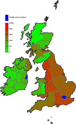 Population density per km2 of the British Isles. Dublin and London, with respective population densities of 1,288 and 4,761 are shaded blue.