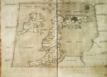 A 1490 Italian reconstruction of Ptolemy's Geography based on surviving latitude and longitude descriptions, showing Ibernia Britannica Insula ("Hibernia, Island of Britannia", Ireland), Albion Insula Britannica ("Albion, Island of Britannia", Great Britain) and Mona Insula (Isle of Man) separated from the European mainland by Oceanus Germanicus ("Germanic Ocean", North Sea) to the east and Oceanus Britannicus ("Britannic Ocean", English Channel) to the south.