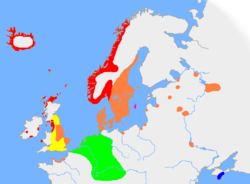 The approximate extent of Old Norse and related languages in the early 10th century:       Old West Norse dialect        Old East Norse dialect        Old Gutnish dialect        Crimean Gothic        Old English        Other Germanic languages with which Old Norse still retained some mutual intelligibility 