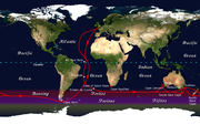 The clipper route followed by ships sailing between England and Australia/New Zealand passed around Cape Horn.
