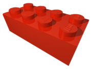 The classic red 2x4 Lego brick. Note the protruding interlocking stud "mechanism" atop the brick.