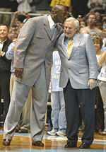 Michael Jordan and Dean Smith at the University of North Carolina game honoring the 1957 and 1982 men's basketball teams.