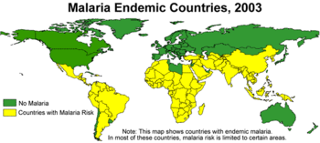 Areas of the world where malaria is endemic as of 2003 (coloured yellow).
