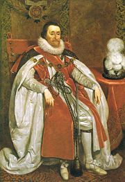 James I wore the insignia of the Order of the Garter for this portrait by Daniel Mytens in 1621.