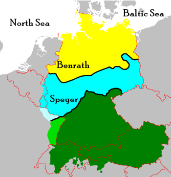 By the High German consonant shift, the map of German dialects is divided into Upper German (green), Central German (blue), and the Low German (yellow). The main isoglosses and the Benrath and Speyer lines are marked black.