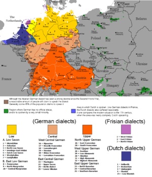 Distribution of the native speakers of major continental West-Germanic dialectal varieties.