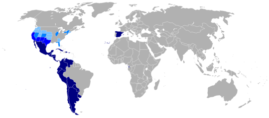 The Hispanophone world; the dark blue indicates where it is the official language, and the light blue indicates where it is used as a second language.