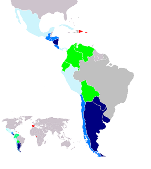Countries that feature voseo, in blue.  The deeper the blue is, the more predominant voseo is.  Countries where voseo is a regionalism are in green; countries without voseo are in red.