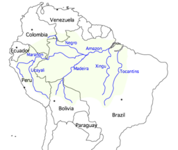 Map showing the course of the Amazon, selected tributaries, and the approximate extent of its drainage area