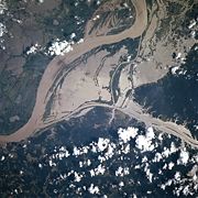 A NASA satellite image of a flooded portion of the river.