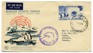 This 1959 cover commemorated the opening of the Wilkes post office in the Australian Antarctic Territory.