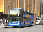 A Megabus Van Hool double-decker bus used in intercity travel.