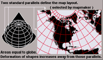 An Albers projection shows areas accurately, but distorts shapes.