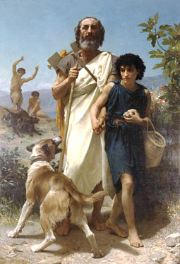 Homer and His Guide, by William-Adolphe Bouguereau (1825–1905). The scene portrays Homer on Mount Ida, beset by dogs and guided by the goatherd, Glaucus. (The tale is told in Pseudo-Herodotus).
