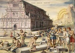 The Temple of Artemis, as imagined in this hand-coloured engraving by Martin Heemskerck (1498 - 1574), has the "old-fashioned" look of Santa Maria Novella in Florence and other Italian quattrocento churches of the previous generation.