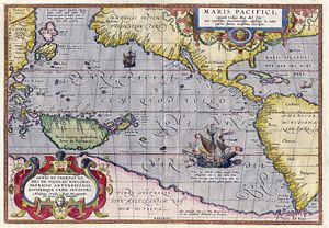 Maris Pacifici by Ortelius (1589). Probably the first printed map that shows the Pacific Ocean.