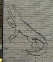 Rutherford was known as "the crocodile". Engraving by Eric Gill at the original Cavendish site in Cambridge.