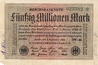 1923-issue 50 million mark banknote. Worth approximately $1 US when printed, this sum would have been worth approximately $12 million, nine years earlier. The note was practically worthless a few weeks later due to continued inflation.