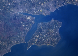 A satellite photograph of the Isle of Wight and the Solent.