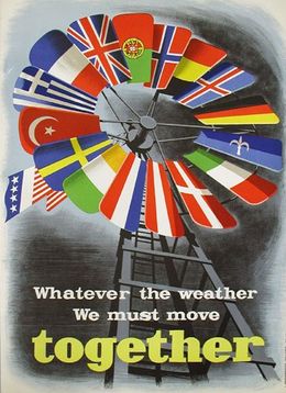 One of a number of posters created to promote the Marshall Plan in Europe. The blue and white flag between those of Germany and Italy is a version of the Trieste flag.