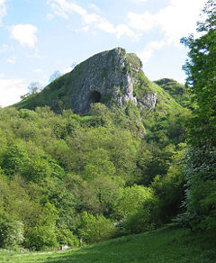 Typical limestone scenery: Thor's Cave, Staffordshire, from the Manifold Way.