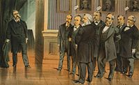 On the threshold of office, what have we to expect of him?In an 1881 Puck cartoon, Vice President Arthur faces the presidential cabinet (from left to right, Wayne MacVeagh, William Windom, James G. Blaine, Thomas L. James, Samuel J. Kirkwood, Robert Todd Lincoln, William H. Hunt) after President James A. Garfield was fatally wounded by assassin Charles J. Guiteau. On the wall hang three portraits of (left to right) Andrew Johnson, Millard Fillmore and John Tyler, three other presidents who succeeded to the presidency. A fourth frame hangs next to Johnson with no picture and a question mark underneath meant for Arthur's portrait.