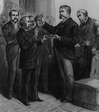 Arthur being administered the oath of office as President by Judge John R. Brady at his home in New York City after President Garfield's death, September 20, 1881.