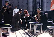 Roosevelt meets with King Abdulaziz of Saudi Arabia onboard the USS Quincy at the Great Bitter Lake